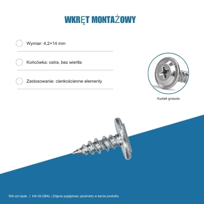 Wkręt montażowy Info-GLOBAL MC 4,2×14 mm, ocynk bez lakieru, 500 szt.